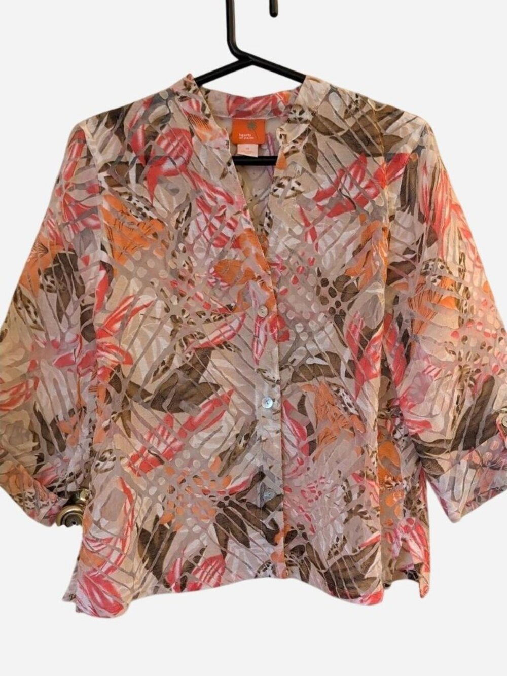 Hearts of Palm Watercolor Leaf Burnout Blouse | Size 10 | Roll-Tab Sleeves